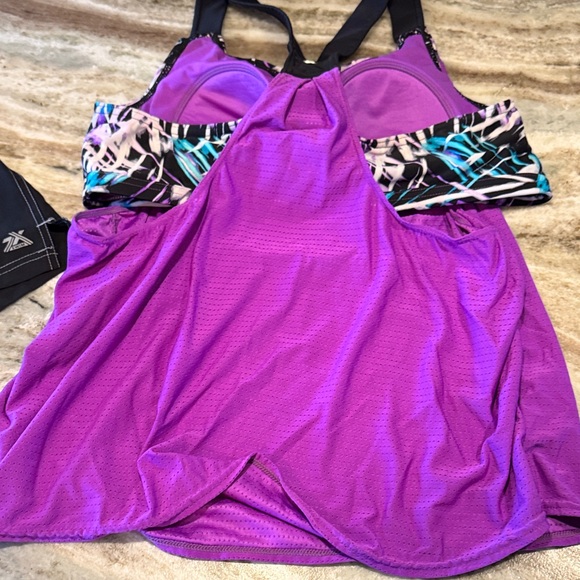 Purple Tankini Swim Top with Black Swim Shorts - Picture 3 of 6